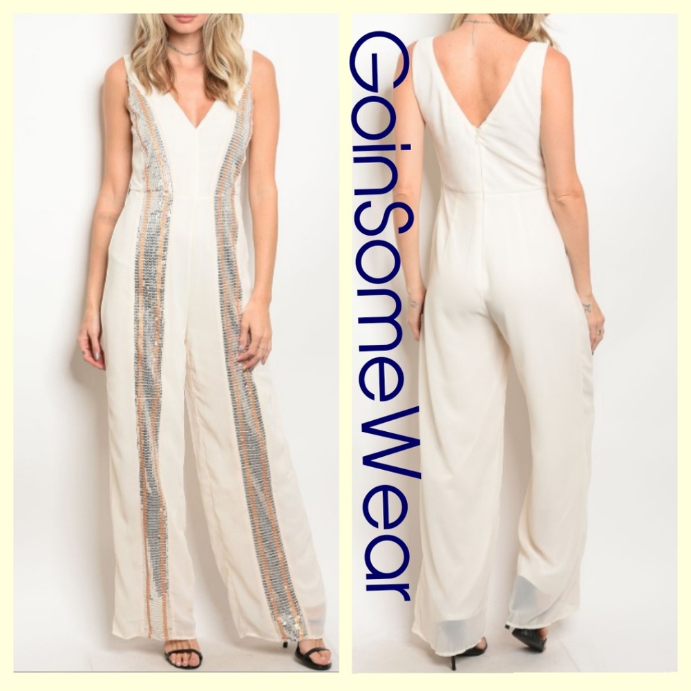 GSW Women's Small Cream Sequined Gold Silver Trim Detail Sleeveless Jumpsuit NWT